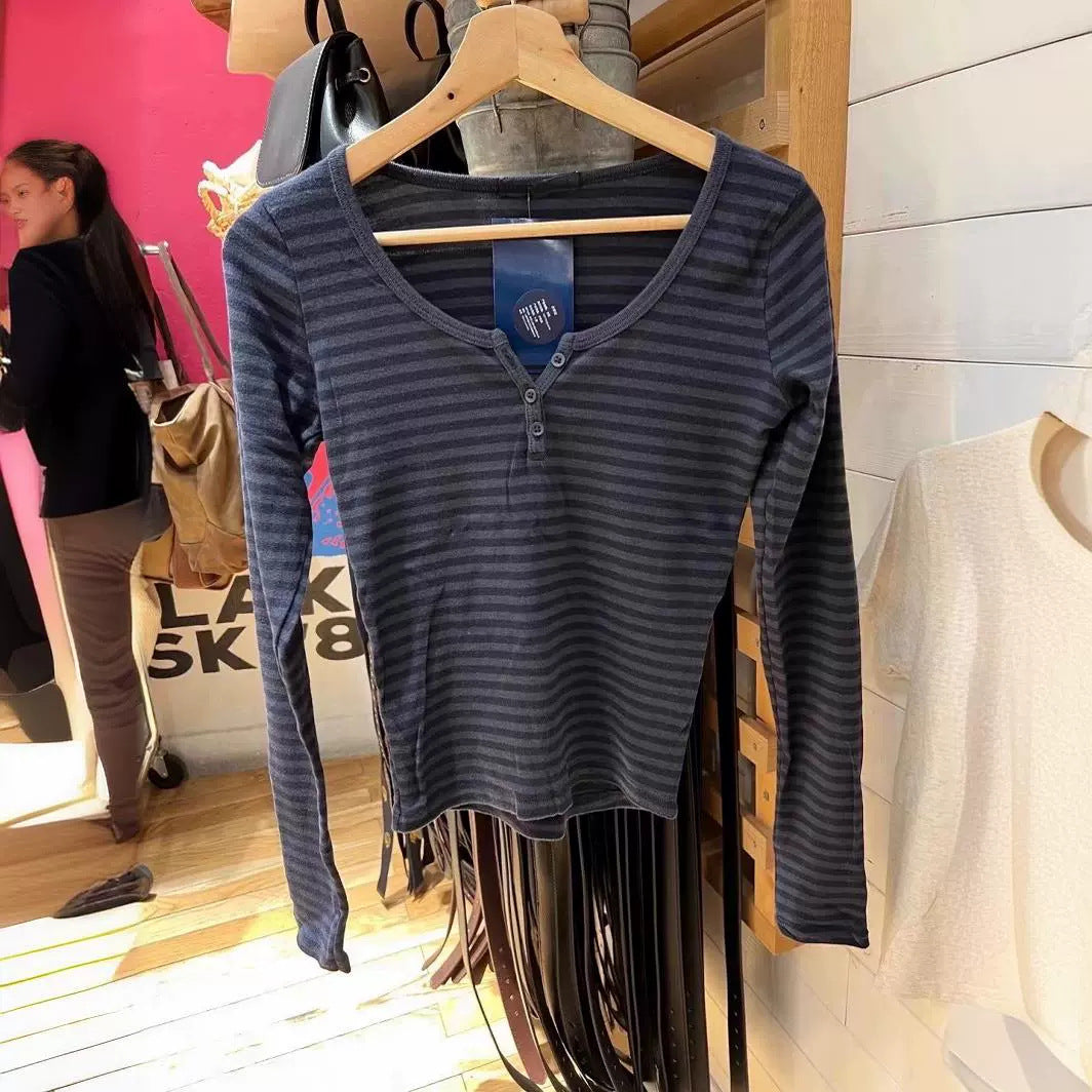 Damen Langarm-Henley-Shirt mit feinen Streifen Drune