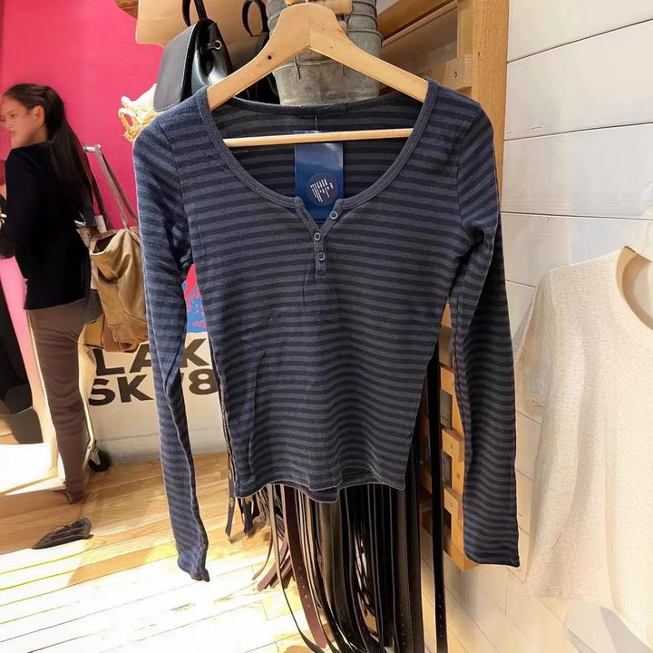 Damen Langarm-Henley-Shirt mit feinen Streifen Drune