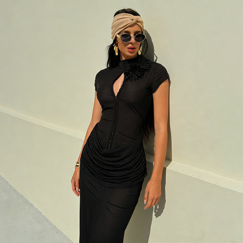 Damen Langarm Maxikleid mit raffiniertem Schnitt und eleganter Knopfdetail Drune