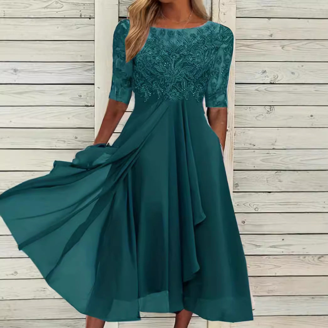 Damen nan elegantes Chiffon-Midikleid mit besticktem Spitzenoberteil und halblangen Ärmeln Drune