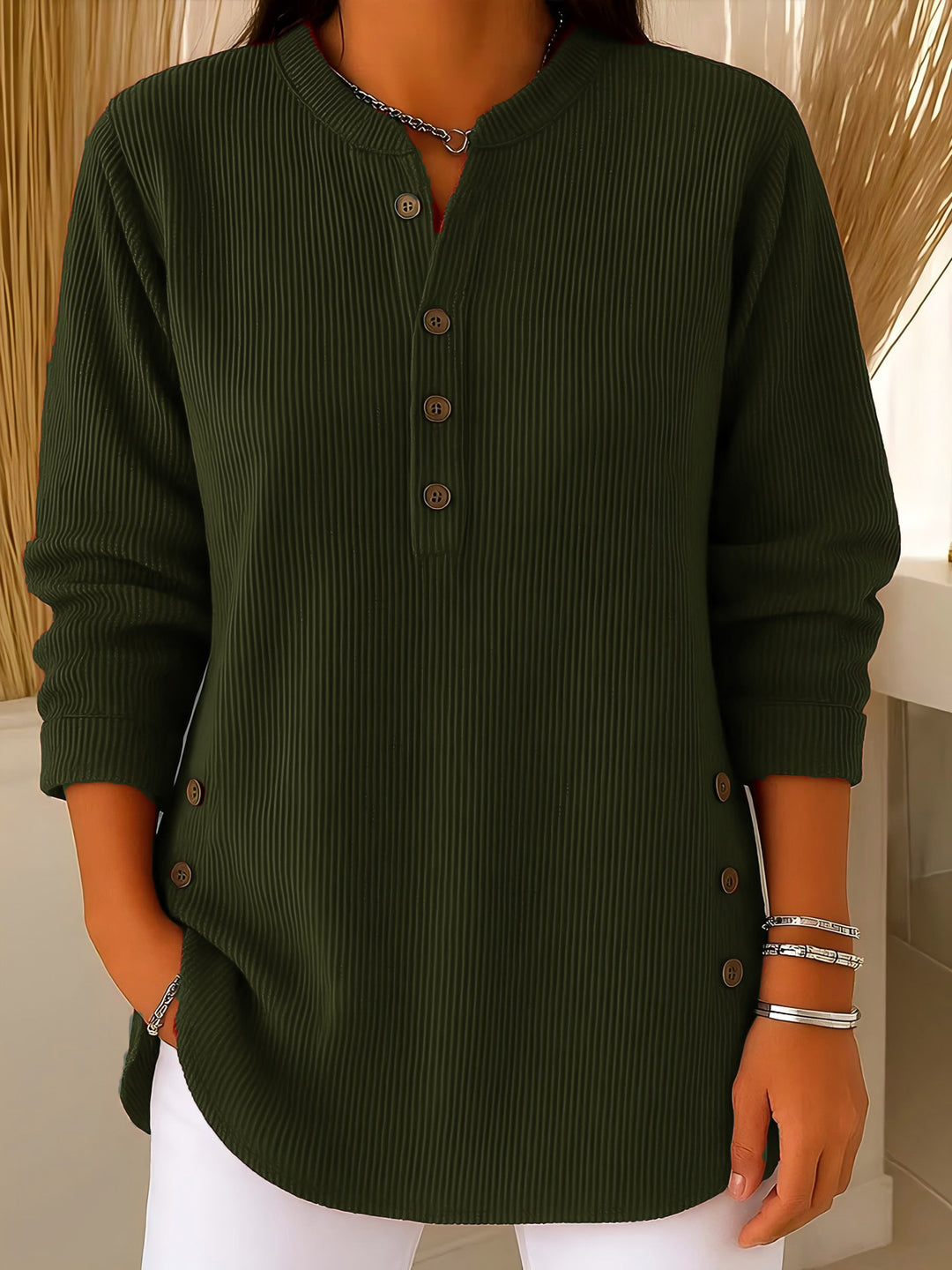 Damen nan plissee Tunika-Bluse mit Stehkragen, Knopfleiste und seitlichen Zierknöpfen Drune