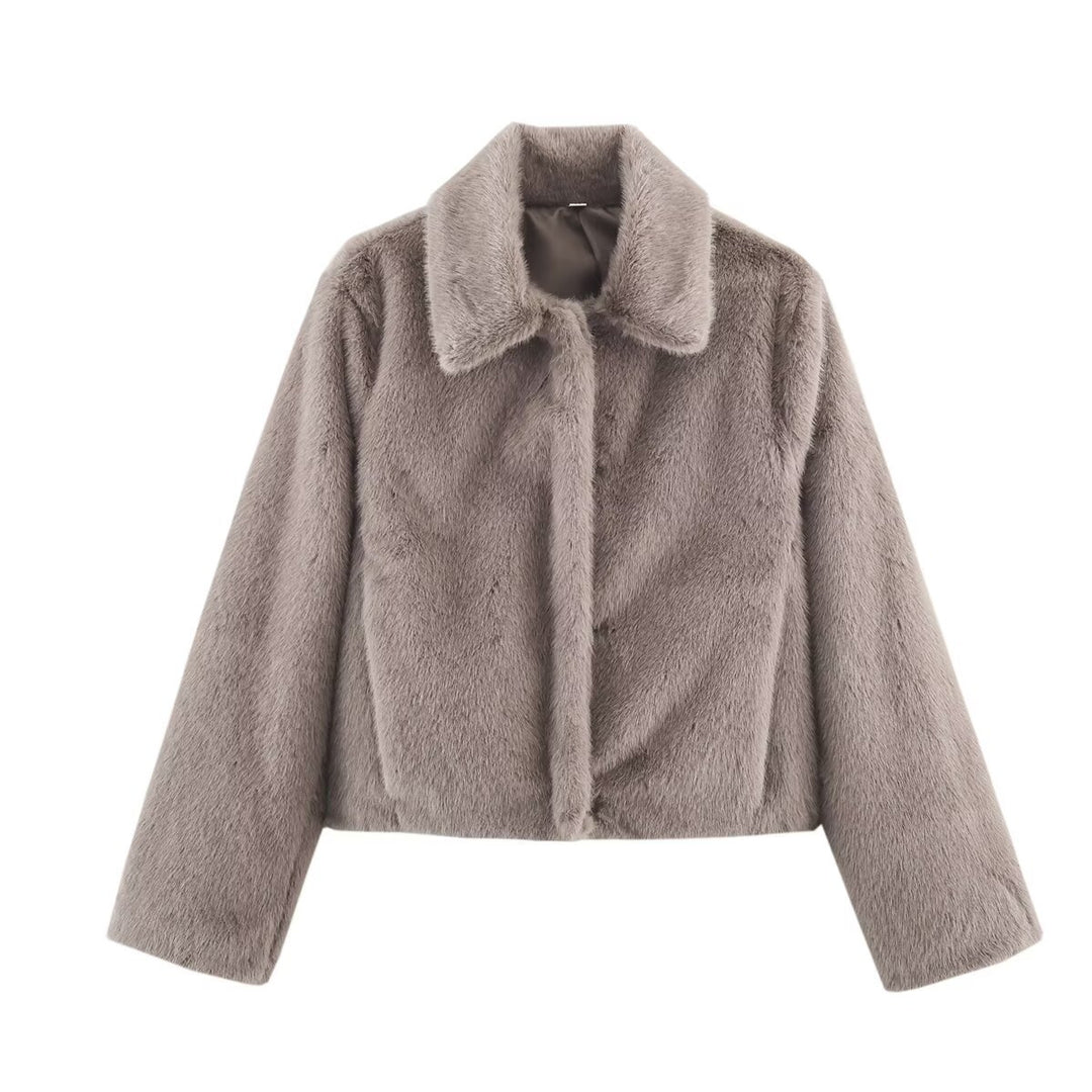 Damen nan kurz geschnittene vegane Webpelz-Jacke mit breitem Umlegekragen und verdeckter Druckknopfleiste Drune