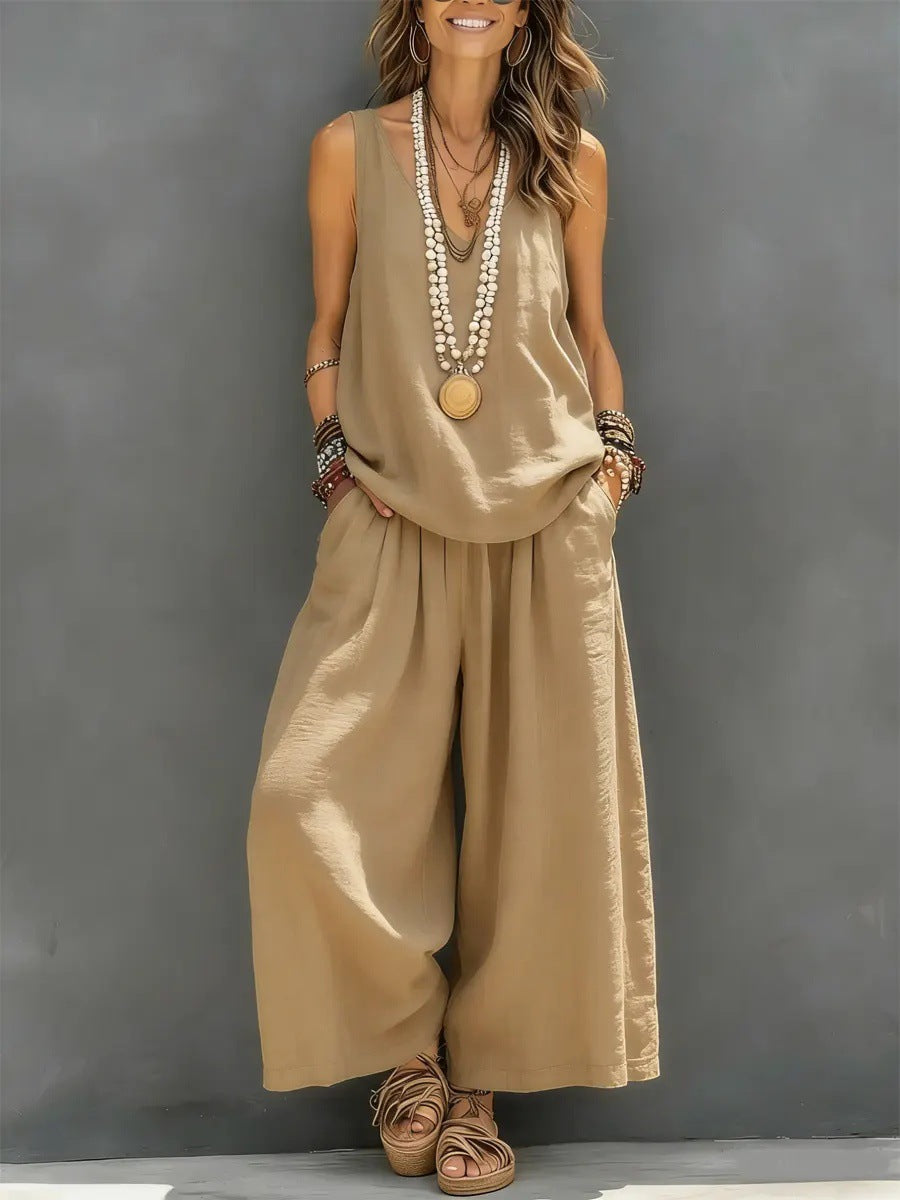 Damen Lockere Sommerbluse mit weitem Schnitt und hochtaillierter Hose Drune