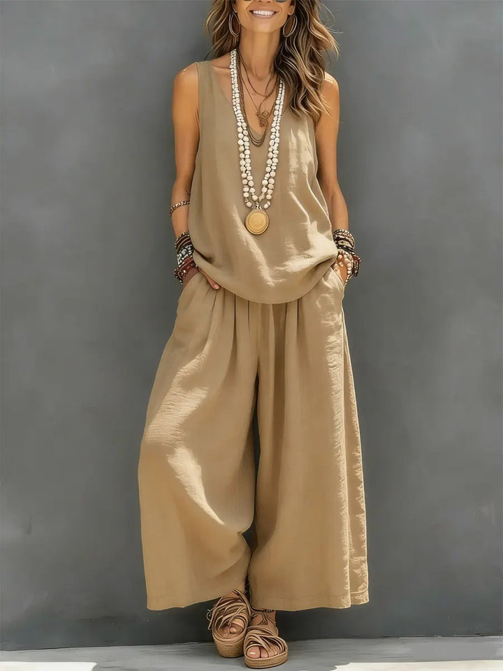 Damen Lockere Sommerbluse mit weitem Schnitt und hochtaillierter Hose Drune