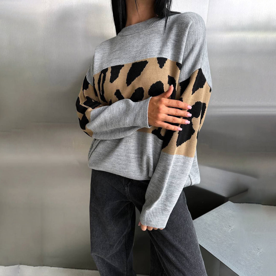 Damen Grobstrickpullover mit modischem Leopardenmuster Drune