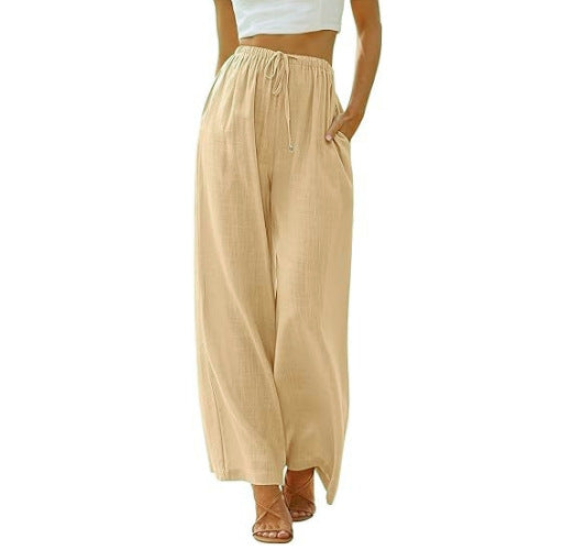 Damen nan weite Leinenhose mit elastischem Bund Kordel und Seitentaschen Drune