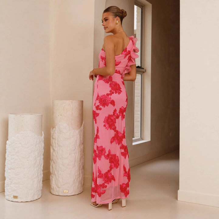 Damen Elegantes Abendkleid mit asymmetrischem Träger und floralen Applikationen Drune