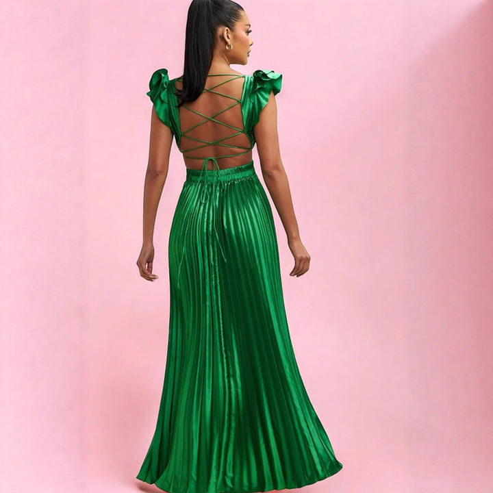 Damen Glamouröses Plissee-Maxikleid mit tiefem V-Ausschnitt und Puffärmeln Drune