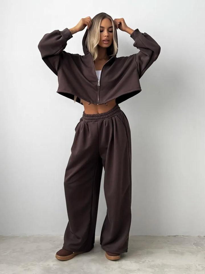 Damen bequemer Cropped Hoodie und weite Jogginghose Drune