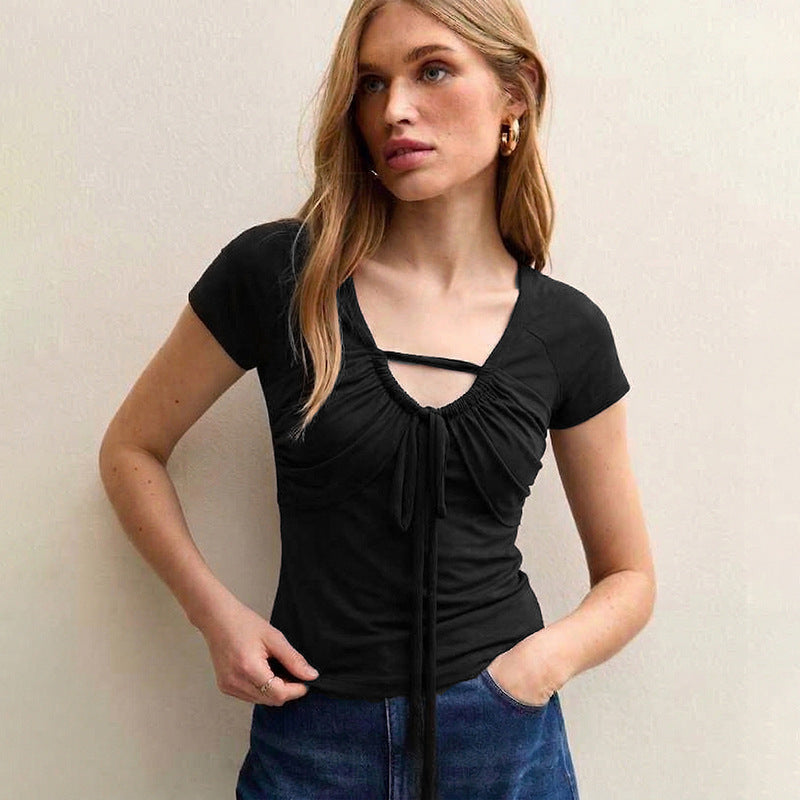 Damen figurbetontes Kurzarm-Top mit Rüschendetails und Bindeband Drune
