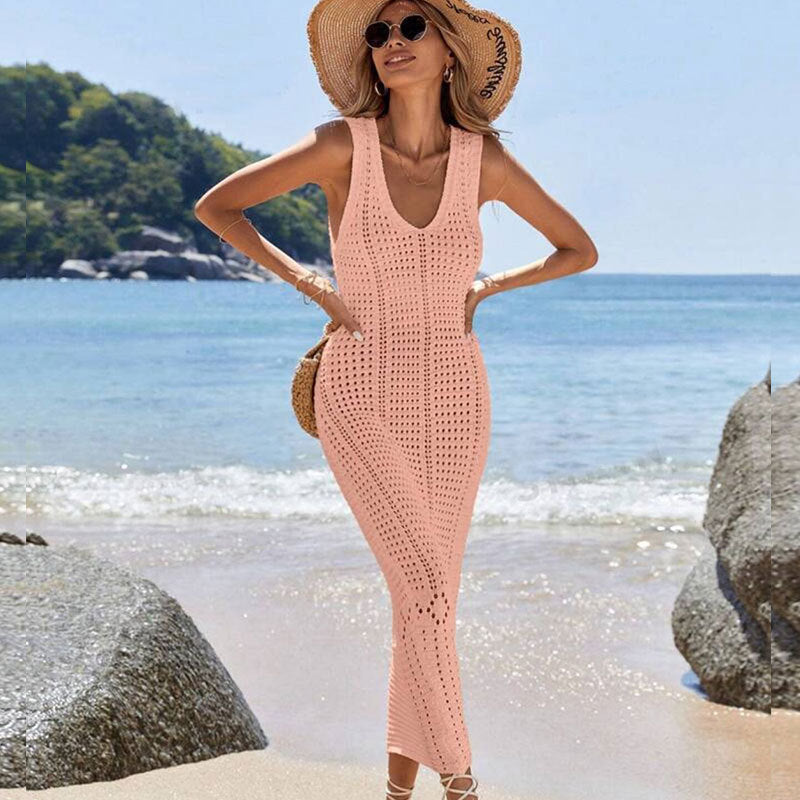 Damen Elegantes Häkel-Maxikleid mit feinem Lochdesign und V-Ausschnitt Drune