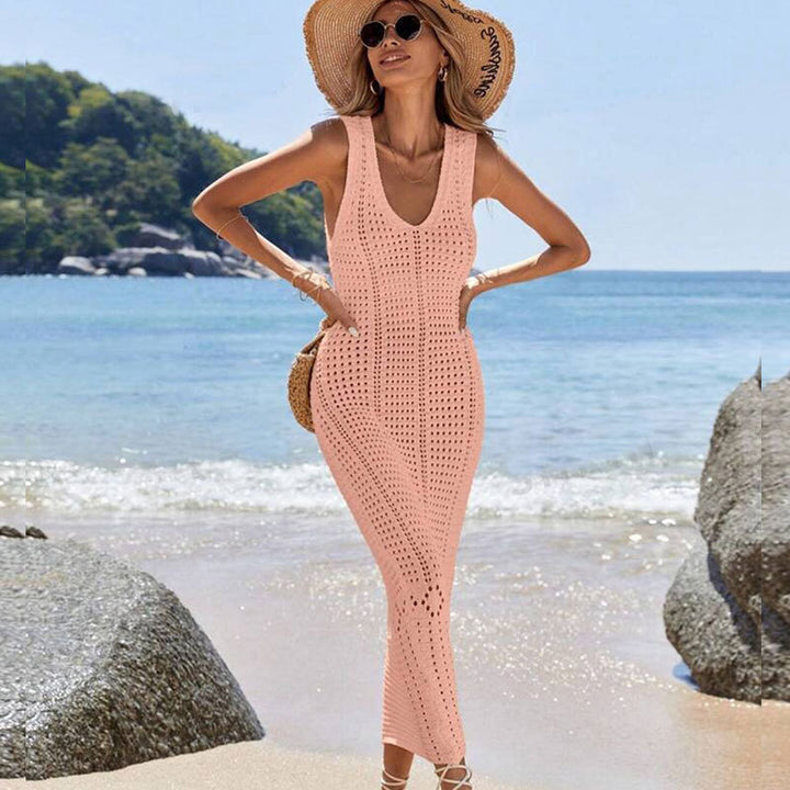 Damen Elegantes Häkel-Maxikleid mit feinem Lochdesign und V-Ausschnitt Drune