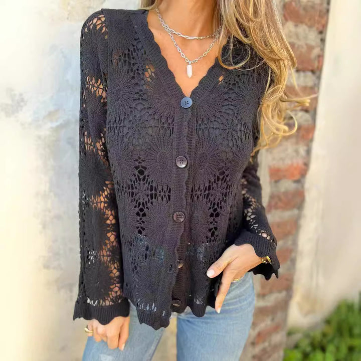 Damen Häkeljacke mit floralen Mustern und Knopfverschluss Drune
