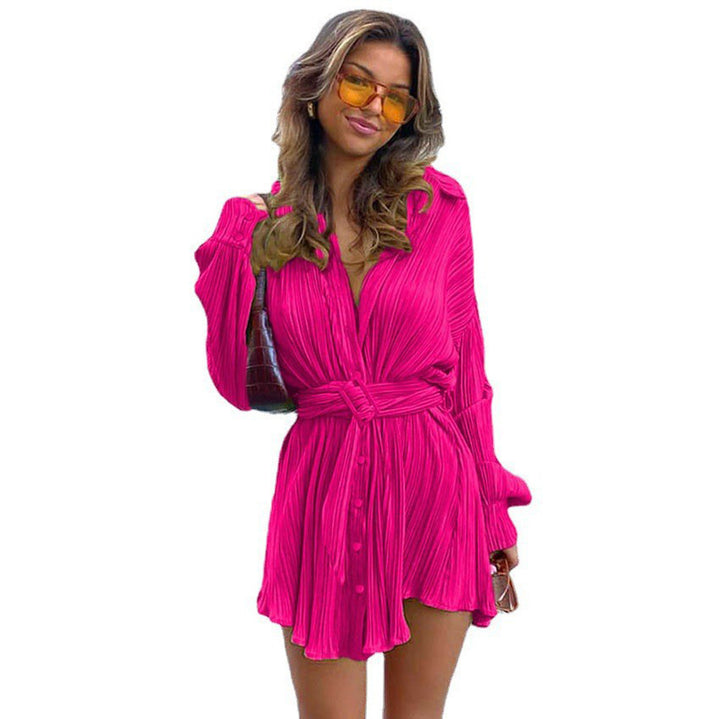 Damen nan plissiertes Hemdkleid mit Taillengürtel und verdeckter Knopfleiste Drune