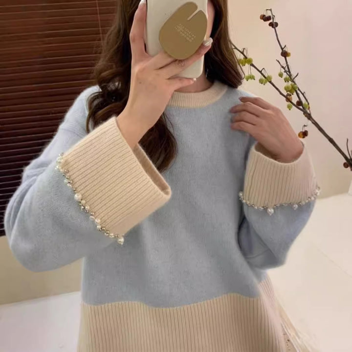 Damen Modischer Strickpullover mit perlverzierten Ärmeln Drune