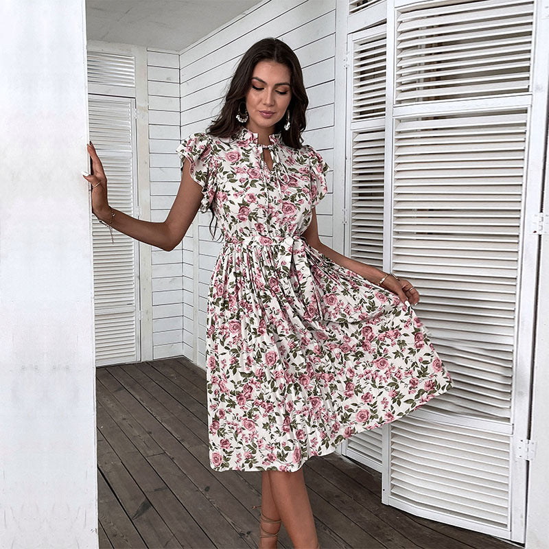 Damen Kleid mit floralem Muster und verspieltem Rüschenbesatz Drune
