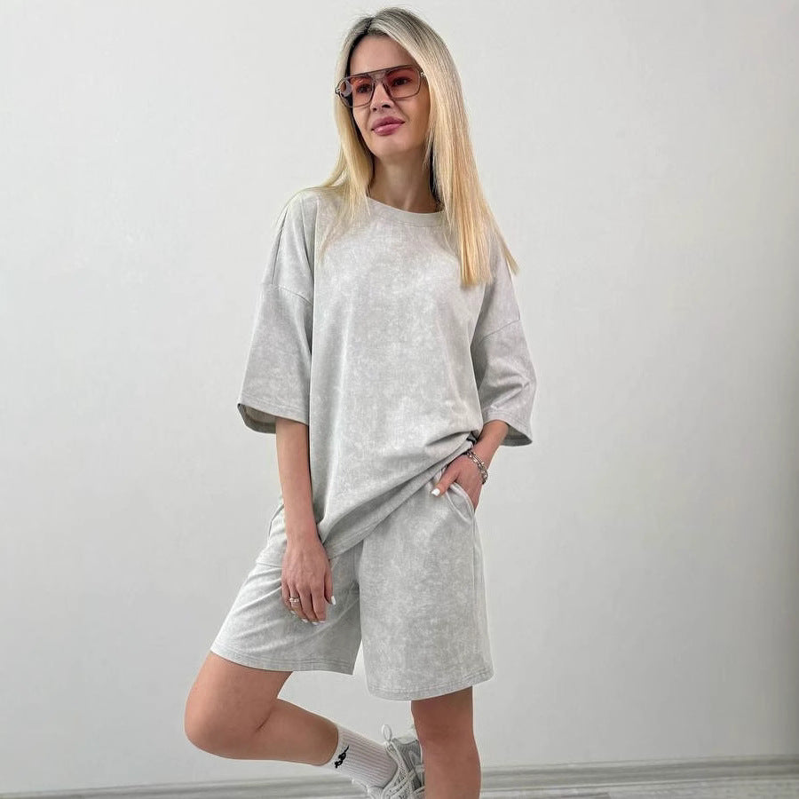 Damen lässiges Kurzarm-Set aus weichem Material mit bequemen Shorts Drune