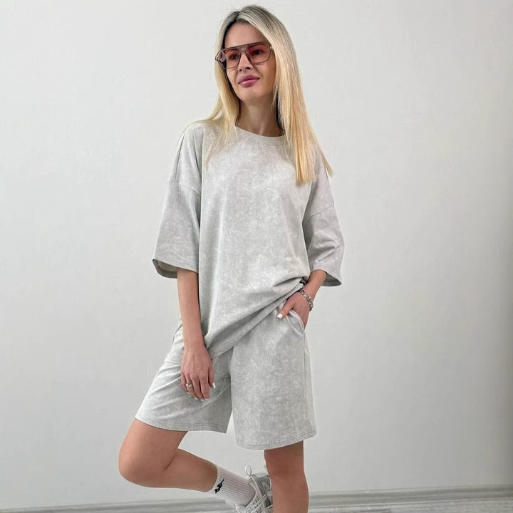 Damen lässiges Kurzarm-Set aus weichem Material mit bequemen Shorts Drune
