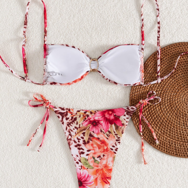 Damen Bandeau-Bikini mit floralem Design und goldenen Akzenten Drune