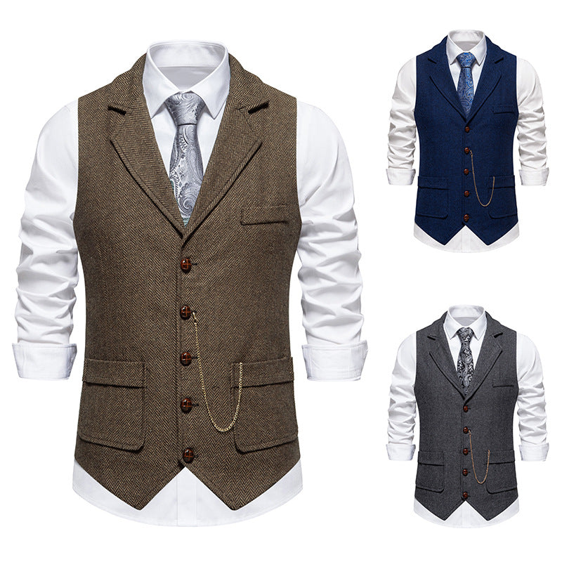 Herren nan Vintage-Weste mit Reverskragen Uhrenkette und Brusttasche Drune