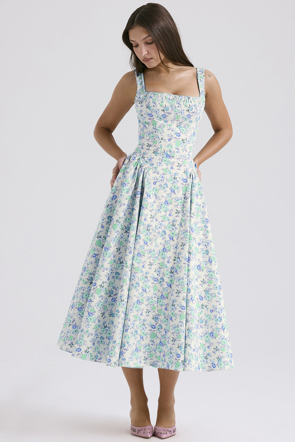 Damen Midi-Kleid mit floralem Muster und angeschnittenem Rock Drune