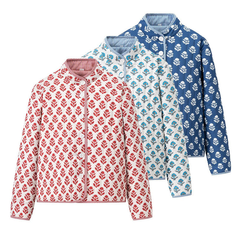 Damen Steppjacke mit floralen Mustern und elegantem Kragen Drune