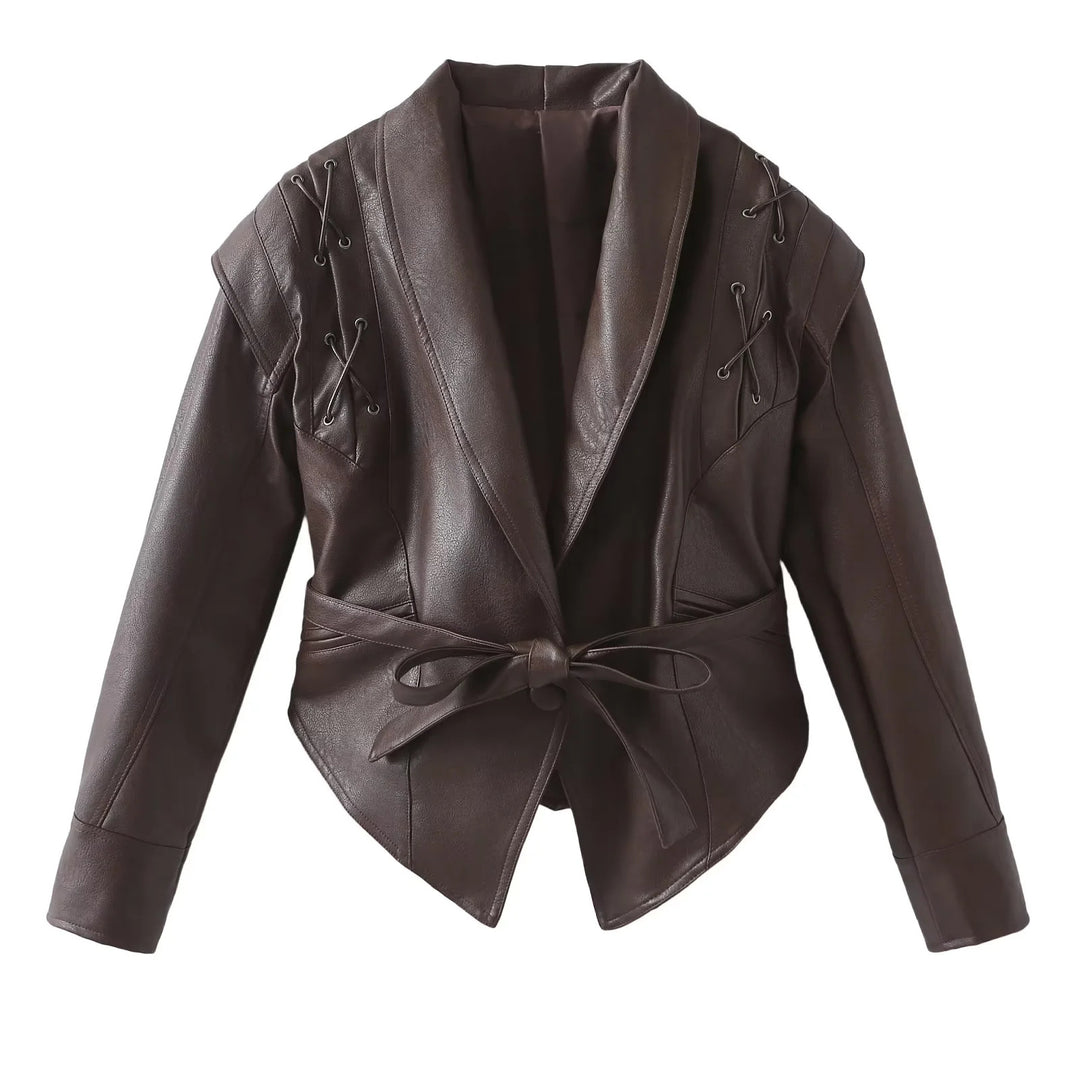 Damen Kunstlederblazer im modernem Design mit praktischem Gürtel Drune