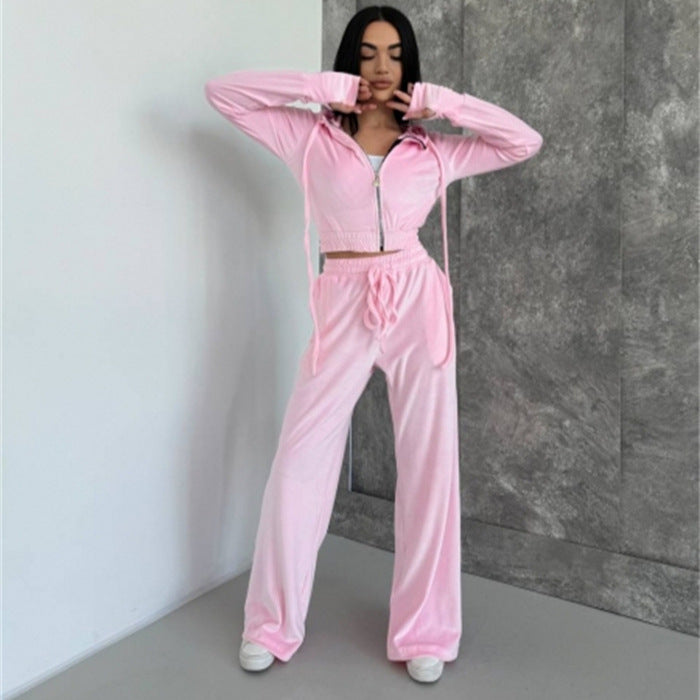 Damen Velours Lounge-Set mit tailliertem Hoodie und elastischen Hosen Drune
