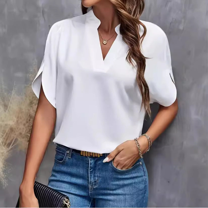 Damen elegante Bluse mit halben Ärmeln und modernem Stehkragen Drune