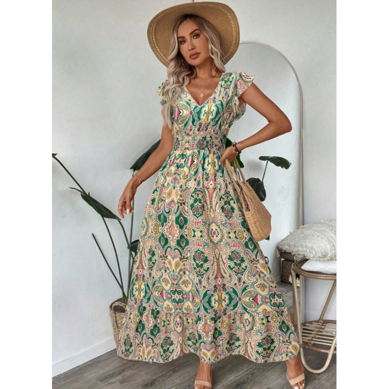 Damen Maxikleid mit raffinierten Volantärmeln und aufwendig floralem Muster Drune