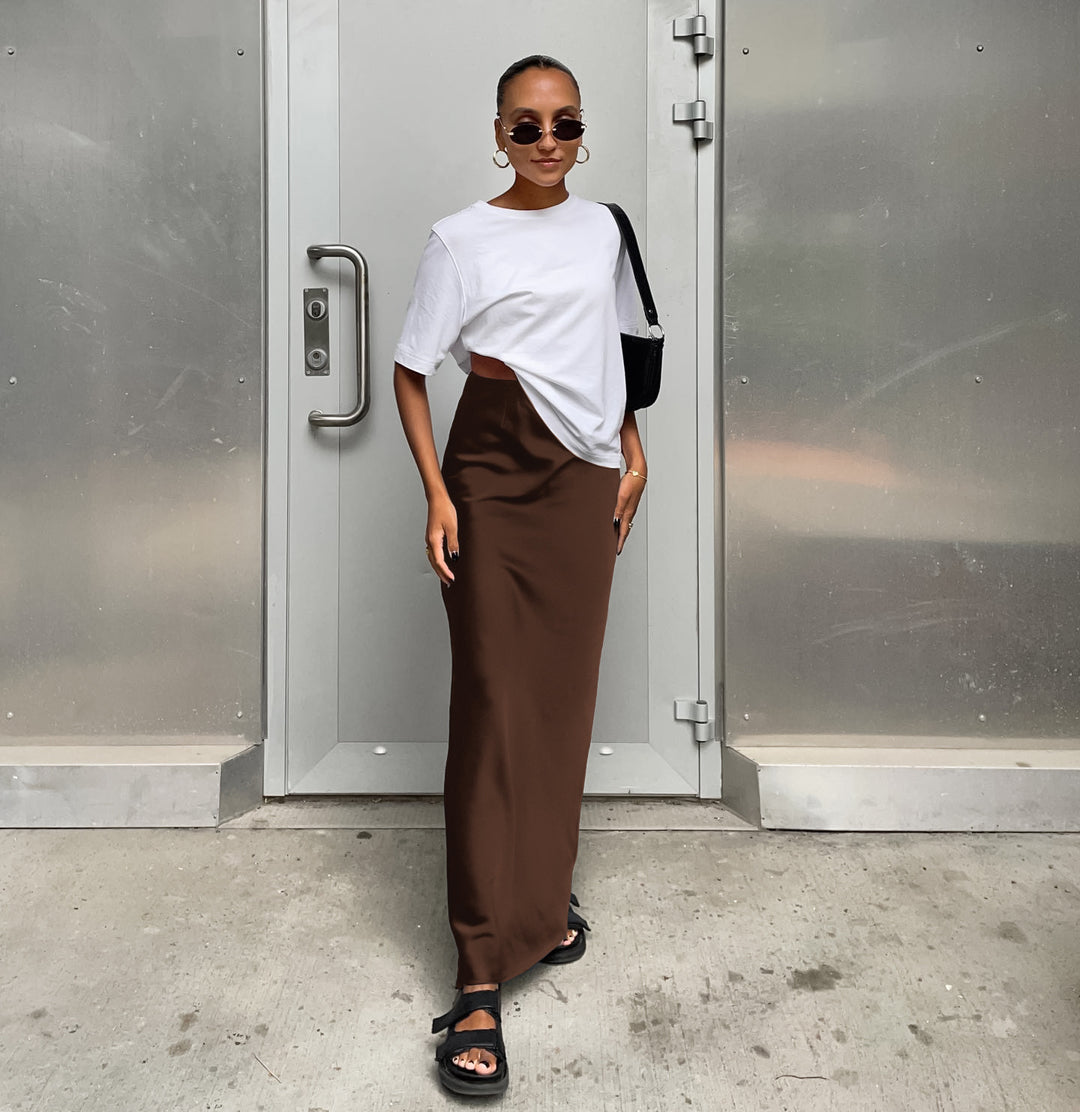 Damen Langes Satin-Rock mit hohem Schlitz Drune