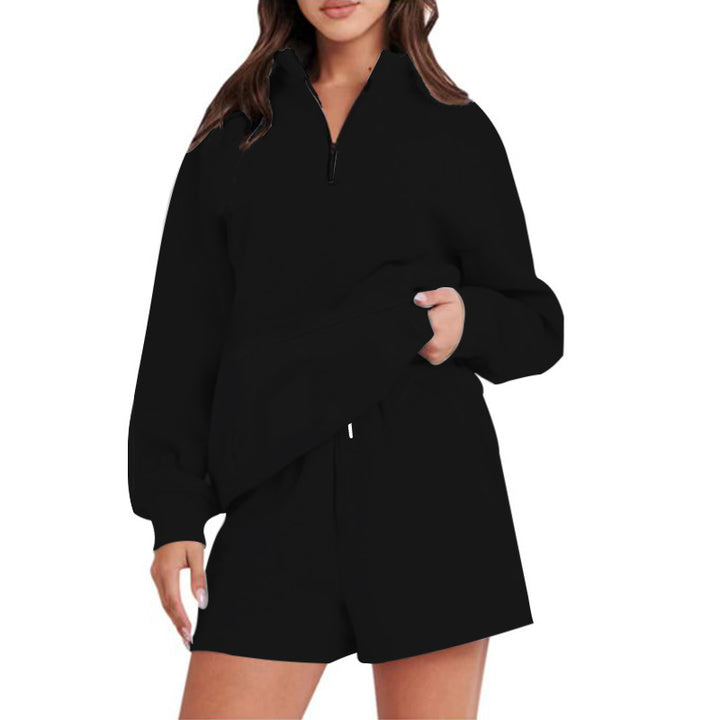 Damen Lässiger Sweatshirt-Set mit hochschließendem Kragen und kurzen Shorts Drune