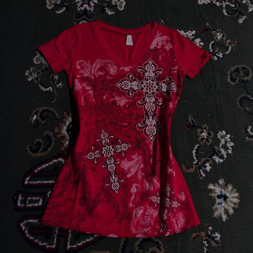 Damen T-Shirt mit dekorativem Kreuzdesign und floralen Akzenten Drune