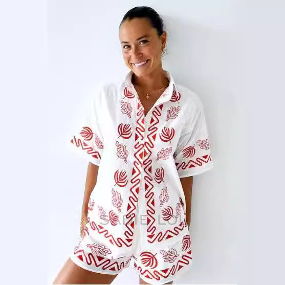 Damen luftiges Strand-Outfit mit floralem Stickdesign und praktischen Taschen Drune