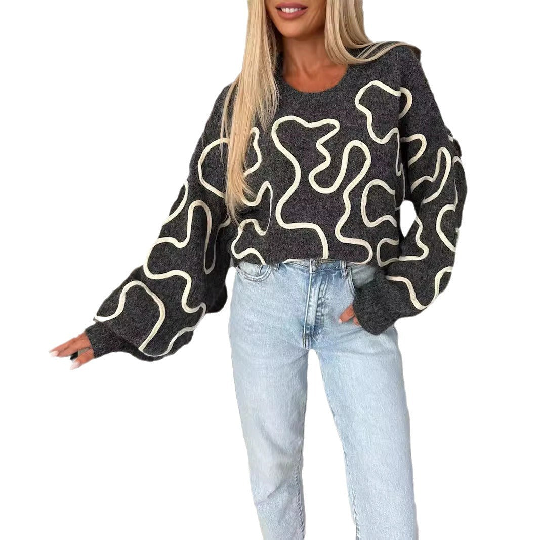 Damen gemütlicher Strickpullover mit künstlerischem Muster Drune