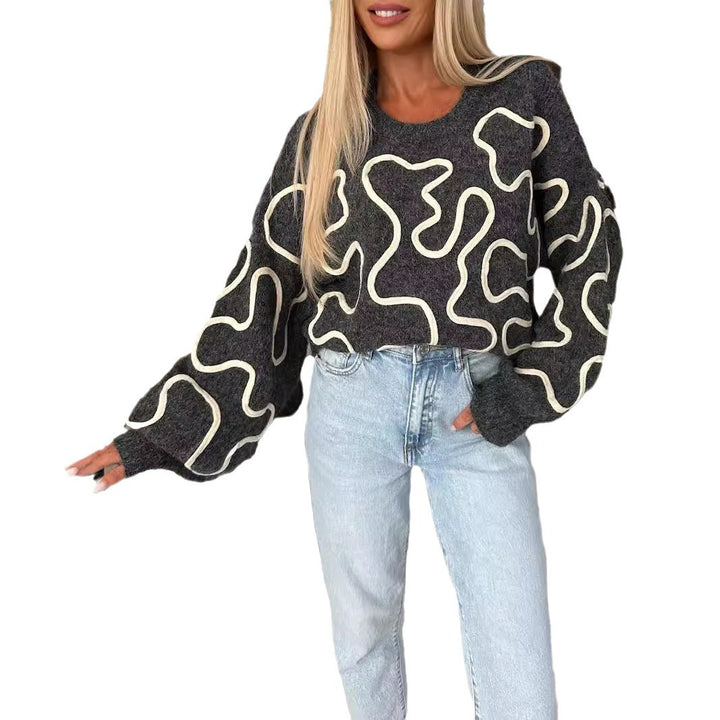 Damen gemütlicher Strickpullover mit künstlerischem Muster Drune