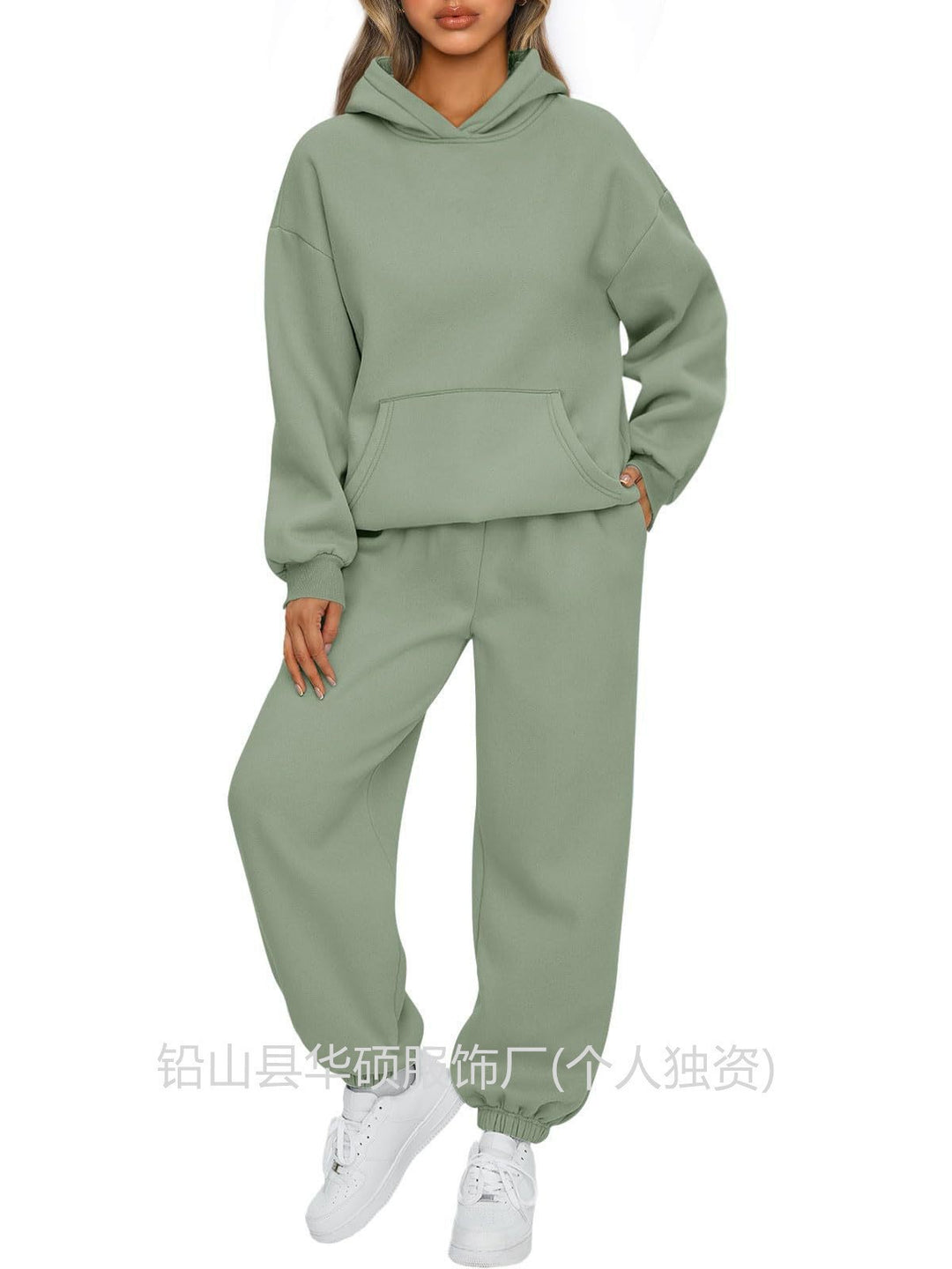 Damen nan gemütliches French-Terry Loungewear-Set mit doppellagiger Kapuze, Kängurutasche und elastischem Knöchel-Jogger Drune