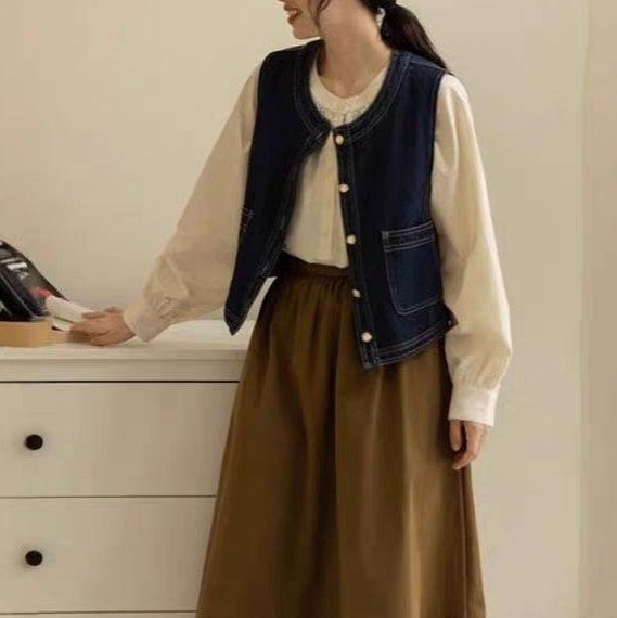 Damen Jeansweste mit Perlenknöpfen Drune