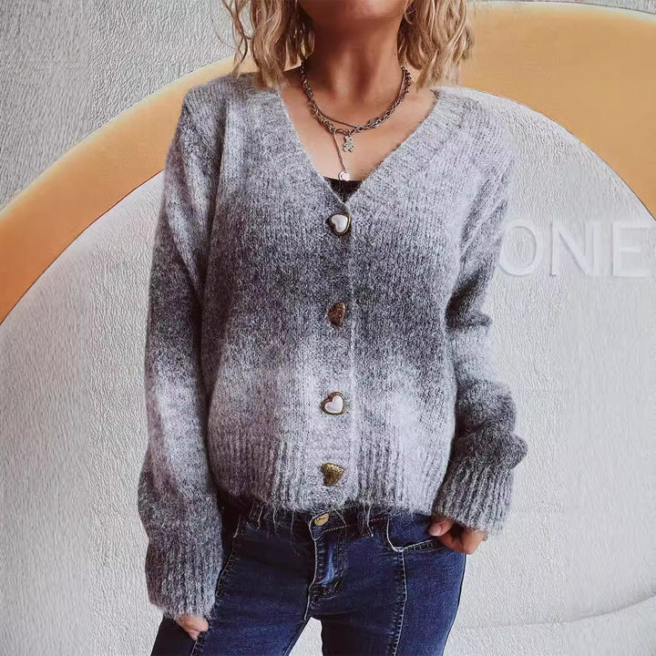 Damen kuschelige Strickjacke mit romantischen Herzknöpfen und lockerer Passform Drune