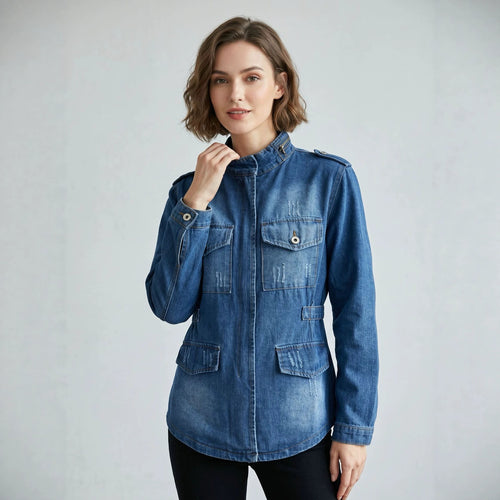 Damen nan taillierte Military-Denimjacke mit Stehkragen, aufgesetzten Pattentaschen und dezenten Used-Details Drune