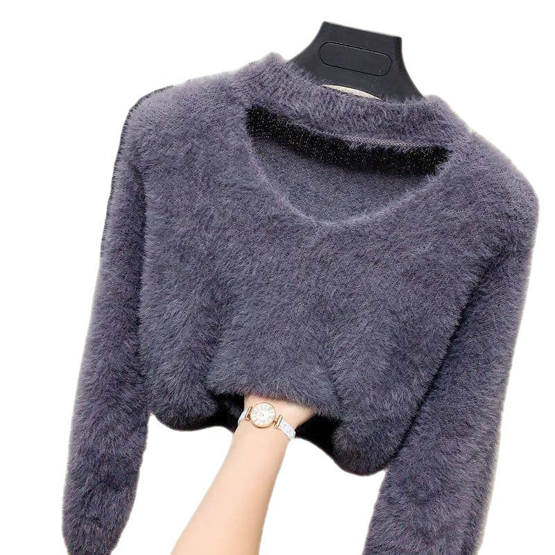 Damen kuscheliger V-Ausschnitt Pullover mit hohem Kragen Drune
