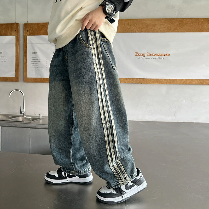 Unisex weite Denim-Jeans mit seitlichen Streifen Drune
