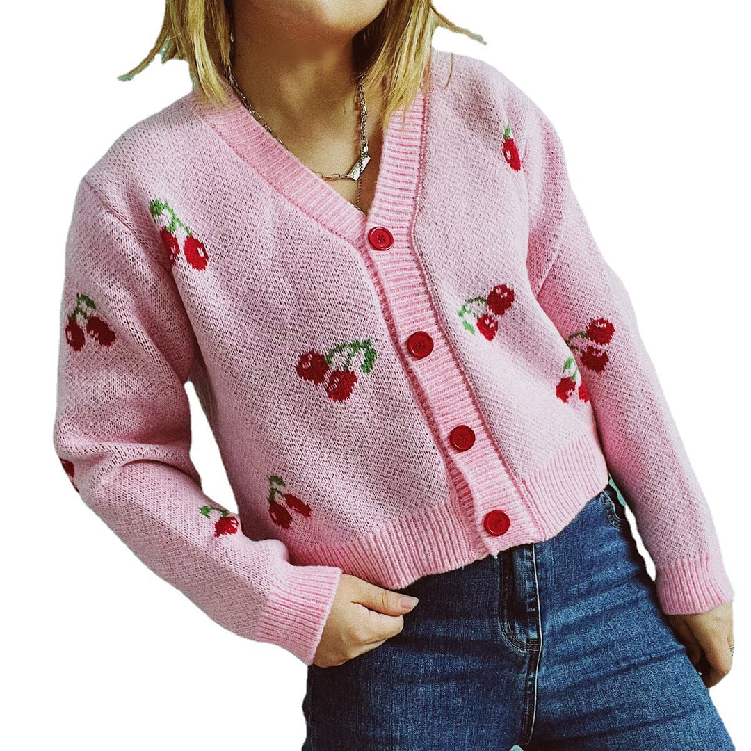 Damen Strickjacke im fröhlichen Kirschmotiv Drune