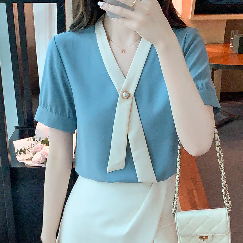 Damen Bluse mit eleganter Knopf- und Wellenkragen-Design Drune