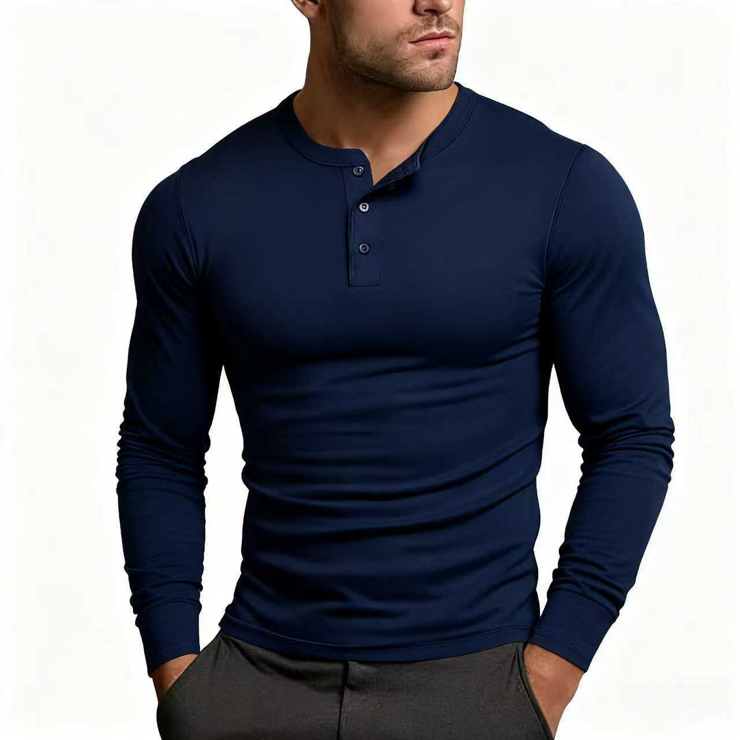 Herren nan tailliertes Langarm-Henley-Shirt aus Baumwollmix mit Knopfleiste Drune
