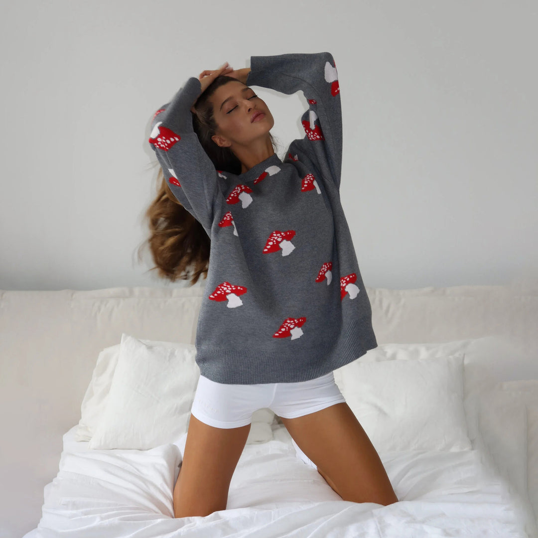 Damen Strickpullover mit verspieltem Pilzmotiv Drune