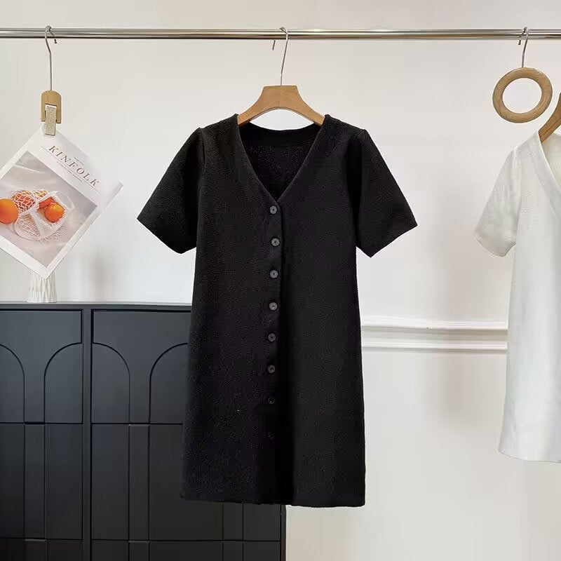 Damen Knopf-Down Kleid mit V-Ausschnitt und kurzen Ärmeln Drune