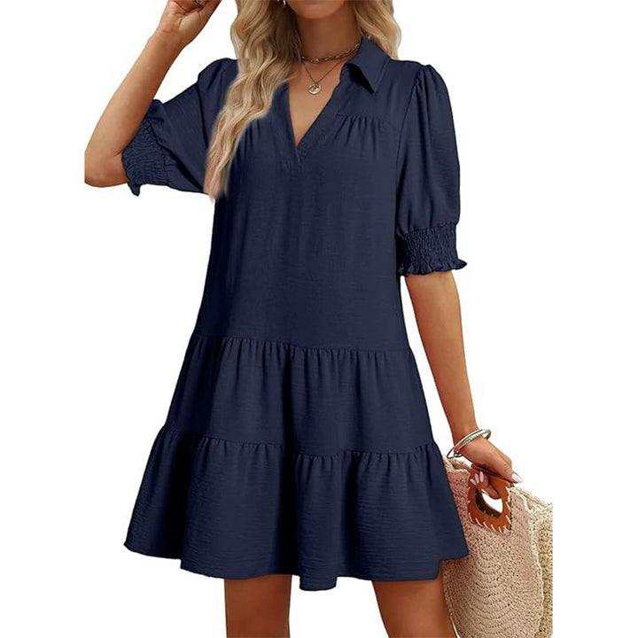 Damen luftiges Sommerkleid mit schickem Kragen und Rüschendetails Drune