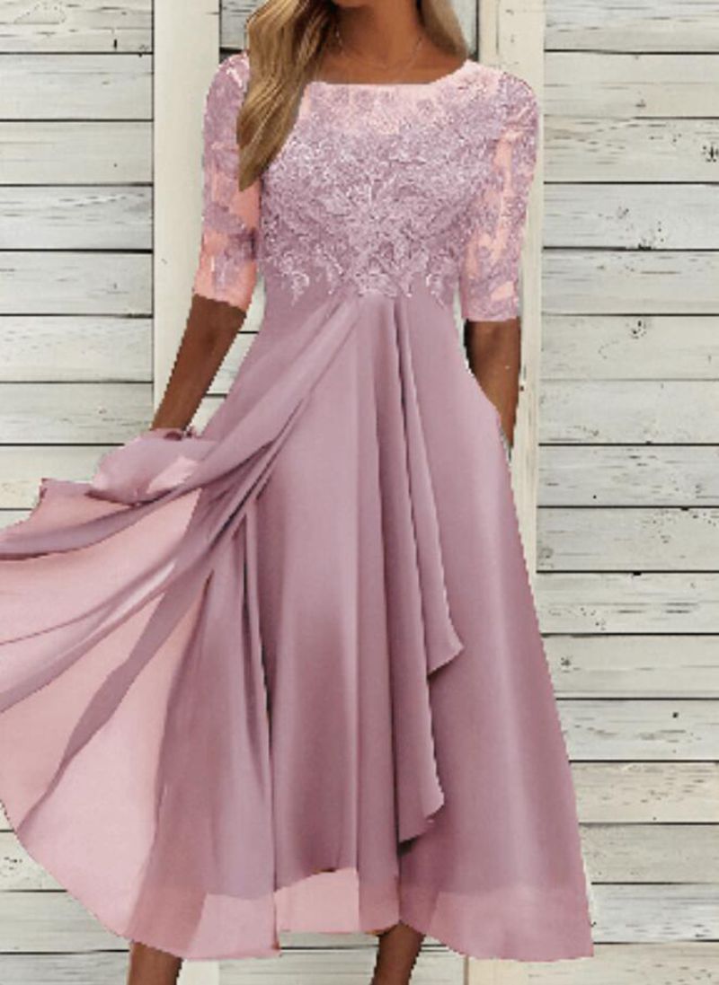 Damen elegantes Cocktailkleid mit floralem Spitzenoberteil und fließendem Rock Drune