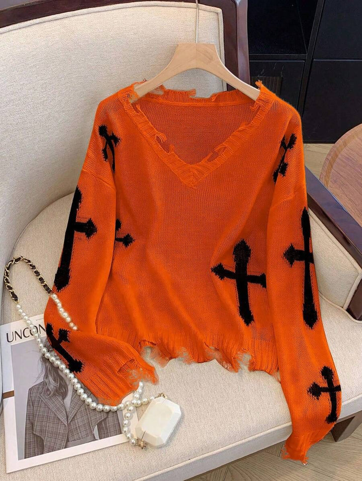 Damen trendiger Pulli mit fransigem Saum und coolem Kreuz-Design Drune
